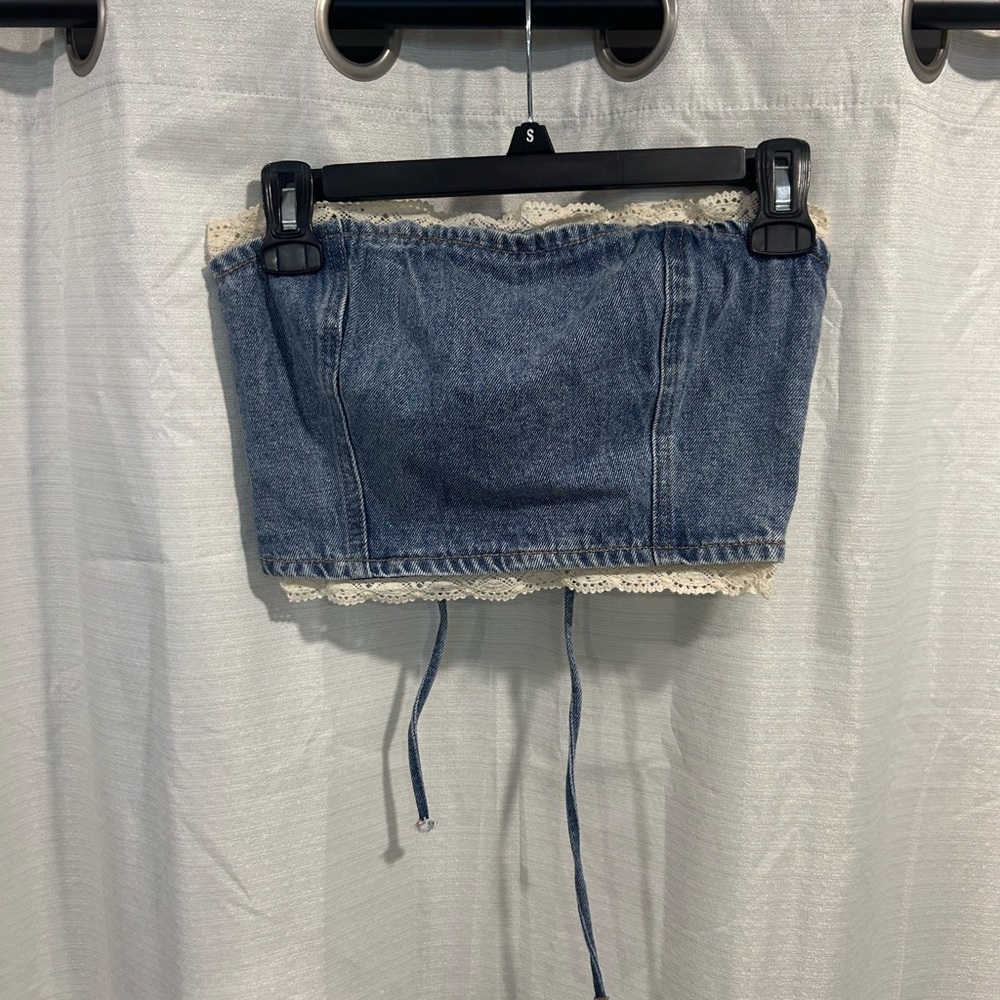 Edikted Blue Denim Crop Top with White Lace Trim